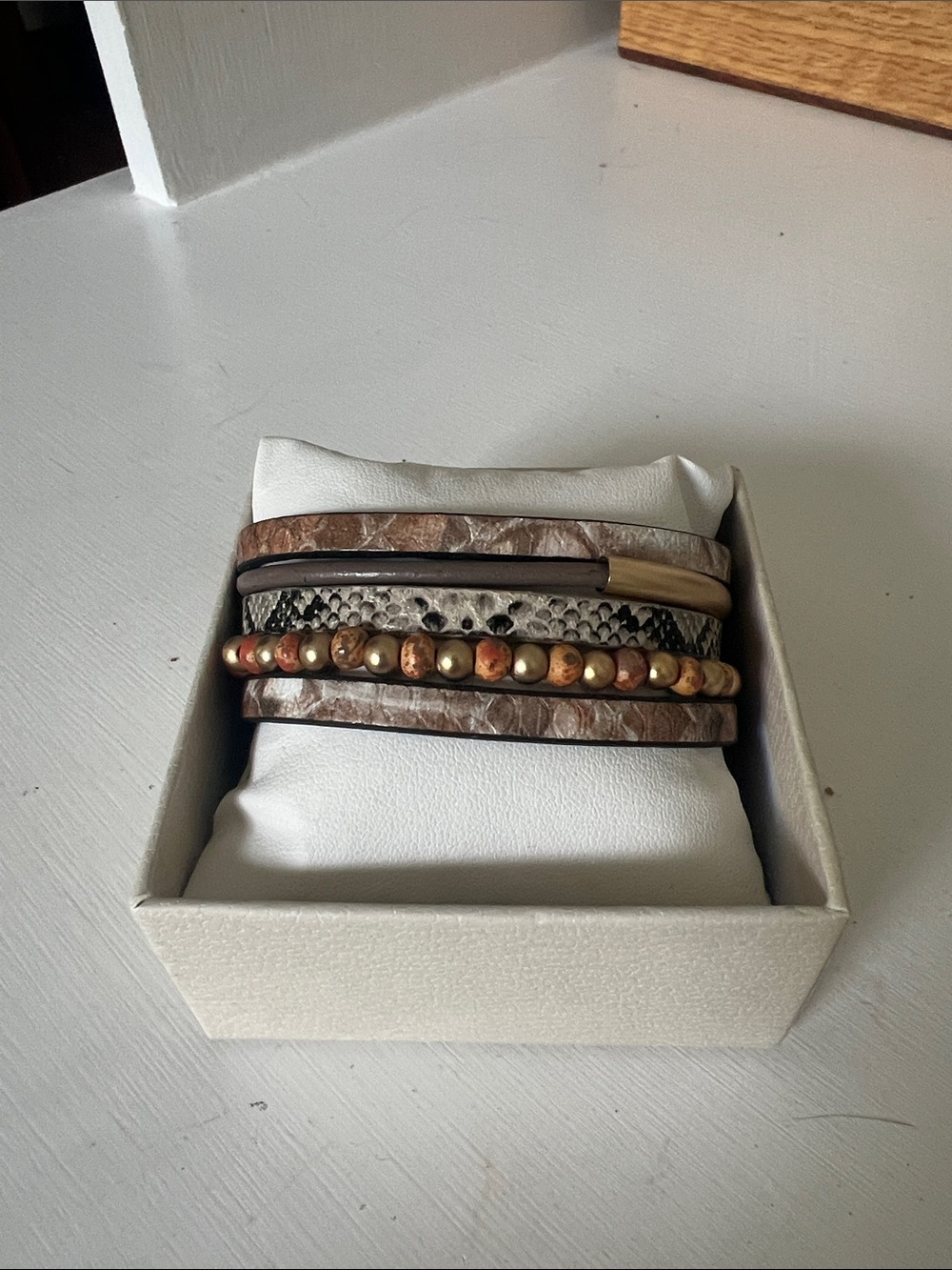 Multi-Row Brown and Gold Beaded Leather Bracelet